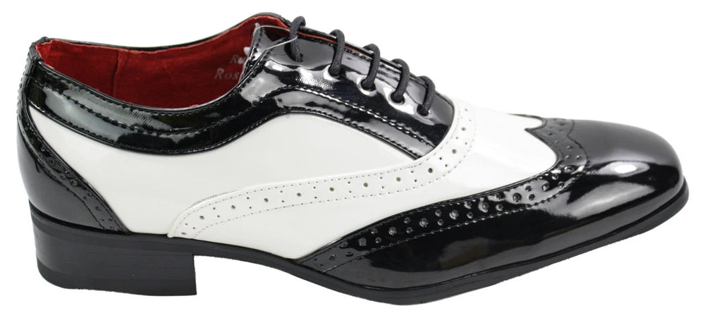 Mens Italian Design Black Red White Design Laced Leather Shiny Patent Shoes