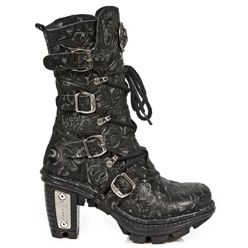 New Rock NEOTR005-S25 Vintage Floral Black Gothic Rock Punk Ladies Leather Boots